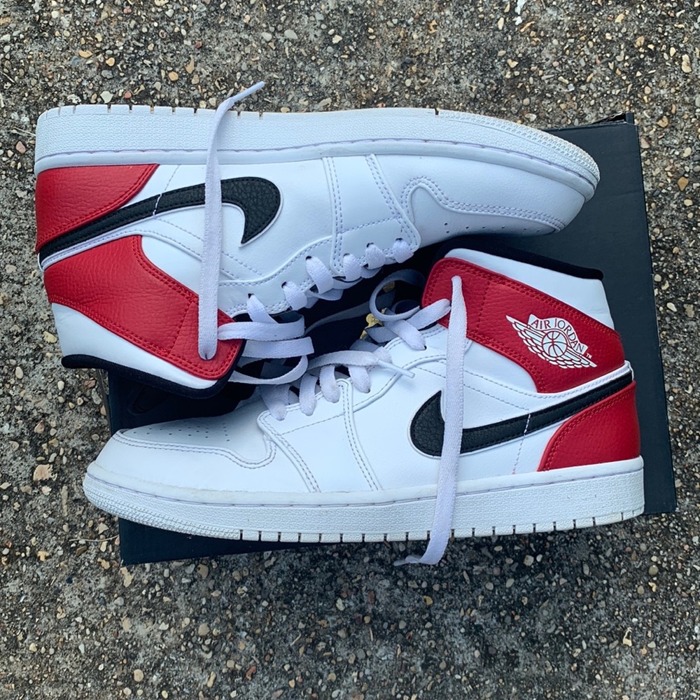 RED WHITE AND BLACK AIR JORDAN 1 MID